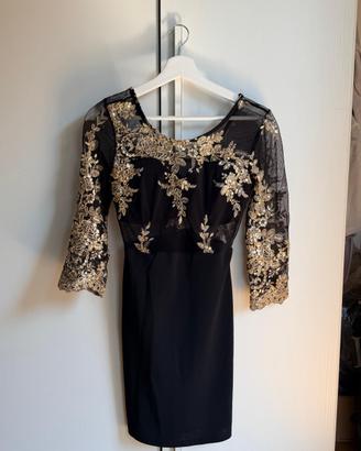 Vestito Donna Nero Elegante con Ricami Oro