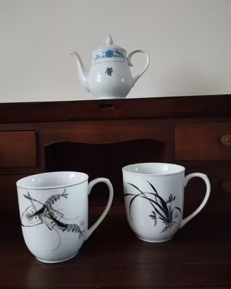 Set Teiera e 2 Tazze Vintage Porcellana Cinese Tan