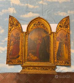 Trittico Devozionale Legno Dorato Stile Neo-Gotico