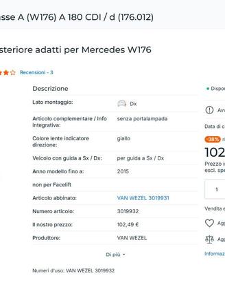 Fanale posteriore Mercedes classe A 180 1.5 CDI