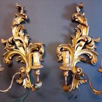 Coppia di lam pade foglia oro legno intagliato