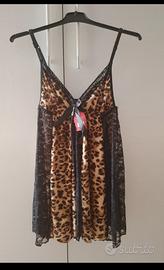 Sottoveste babydoll leopardata con pizzo nero