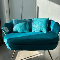 Divanetto conchiglia blu petrolio e cuscini nuovo
