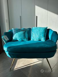 Divanetto conchiglia blu petrolio e cuscini nuovo