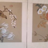 Coppia di Dipinti d'Autore su Seta  Arte Orientali