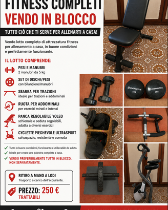 Attrezzi fitness completi – Panca, pesi, cyclette