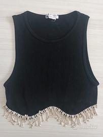 Top Zara nero con frange di perline elegante tg s