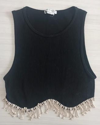 Top Zara nero con frange di perline elegante tg s