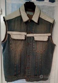 Smanicato in jeans con inserti in pelle bianca e s