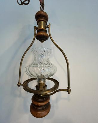 Lampadario lanterna d’epoca - ottone legno vetro