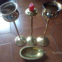 3 Candelieri 1 posacenere Ottone lucidi circa 27cm