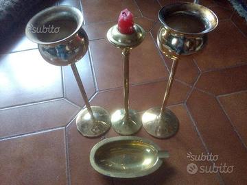 3 Candelieri 1 posacenere Ottone lucidi circa 27cm