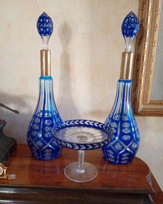 Due decanter + alzatina in cristallo di Boemia 