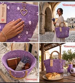 Borsa SIMONAMI CROCHET In Rafia Lilla E Bamboo 