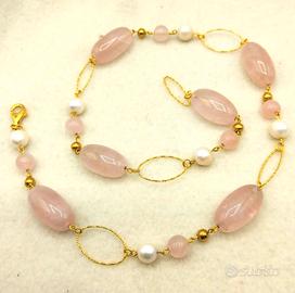 Collana QUARZO  ROSA e PERLE di fiume