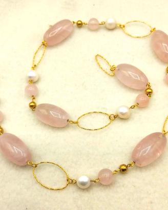 Collana QUARZO  ROSA e PERLE di fiume
