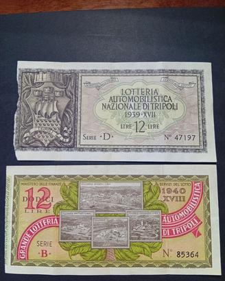 2 biglietti Lotteria da 12 Lire Regno d'Italia