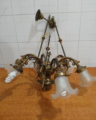 Lampadario Ottone Antico, 6 bracci con 5 coppe in