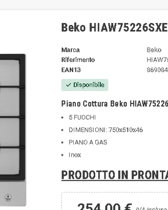 Piano Cottura Beko 5 fuochi Inox da 75cm