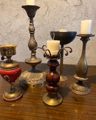 Set candelementi vintage in ottone e legno