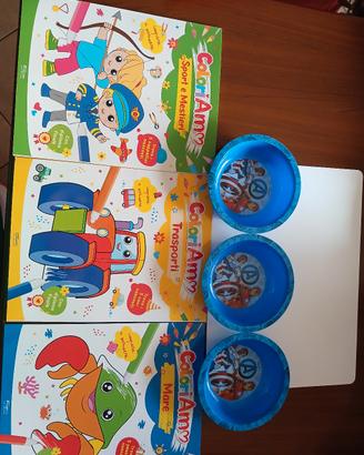 Set di 3 LIBRI DA COLORARE E  3 PIATTI FONDI-BIMBI