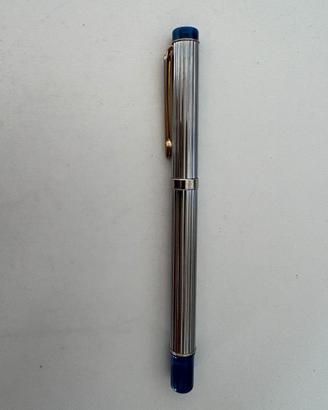 Penna roller vintage metallo rigato argento blu 