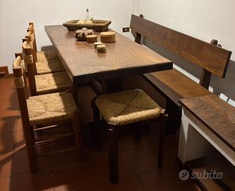 SET TAVERNA IN LEGNO MASSICCIO: TAVOLO, PANCA, 8pz