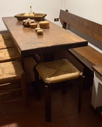 SET TAVERNA IN LEGNO MASSICCIO: TAVOLO, PANCA, 8pz