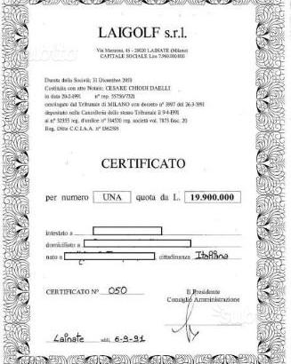 Quota Capitale Sociale Laigolf srl Green Club Golf