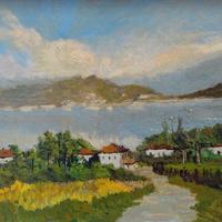 Quadro,Olio su tavola " LAGO DI COMO "