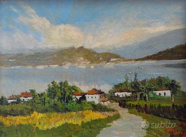 Quadro,Olio su tavola " LAGO DI COMO "