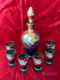 Servizio da liquore in vetro con motivo floreale,