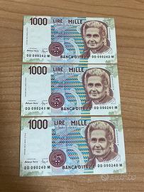 Lire Mille, 3 Banconote M.Montessori FDS