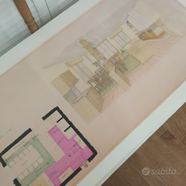 Disegno progetto arredamento colorato a pastelli