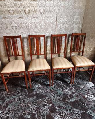 Set 4 sedie + poltroncina in legno e tessuto