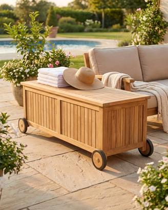 Box Contenitore con Ruote Baule Legno Teak 155x55