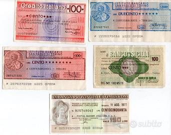5 miniassegni anni '70 in lire italiane