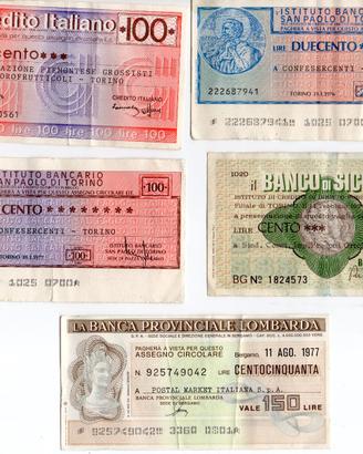5 miniassegni anni '70 in lire italiane