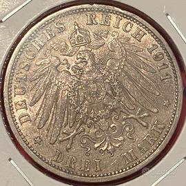 Drei Mark 1911 Germania Whilelm II Argento Plata