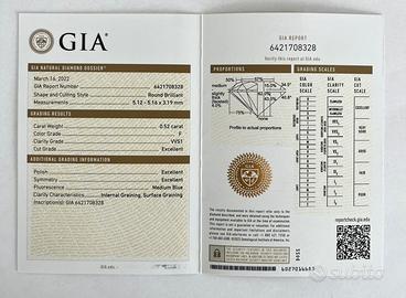 Diamante naturale 0.52 ct F VVS1 GIA ,3x excellent