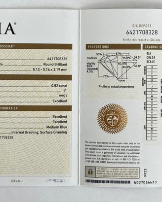 Diamante naturale 0.52 ct F VVS1 GIA ,3x excellent