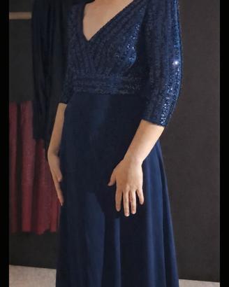 Abito lungo elegante blu scuro paillettes scollo V