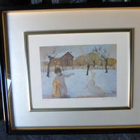 Litografia paesaggio invernale con bimbo