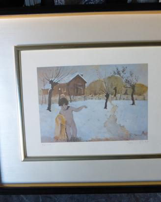 Litografia paesaggio invernale con bimbo