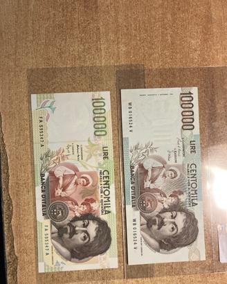 coppia banconote da lire 100000 FDS