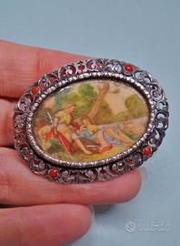 ARGENTO 800 spilla vintage miniatura dipinta a man