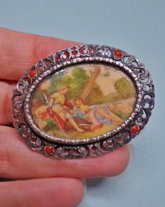 ARGENTO 800 spilla vintage miniatura dipinta a man