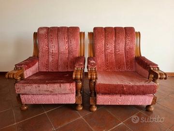 Coppia poltrone vintage, tessuto jacquard e legno