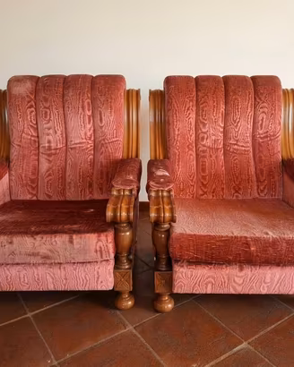 Coppia poltrone vintage, tessuto jacquard e legno