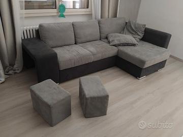 Divano letto angolare con penisola + 2 pouf